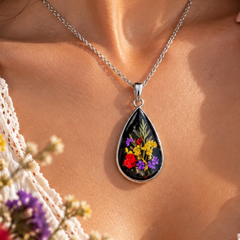Ciondolo Hikari | Argento, fiori e resina nera