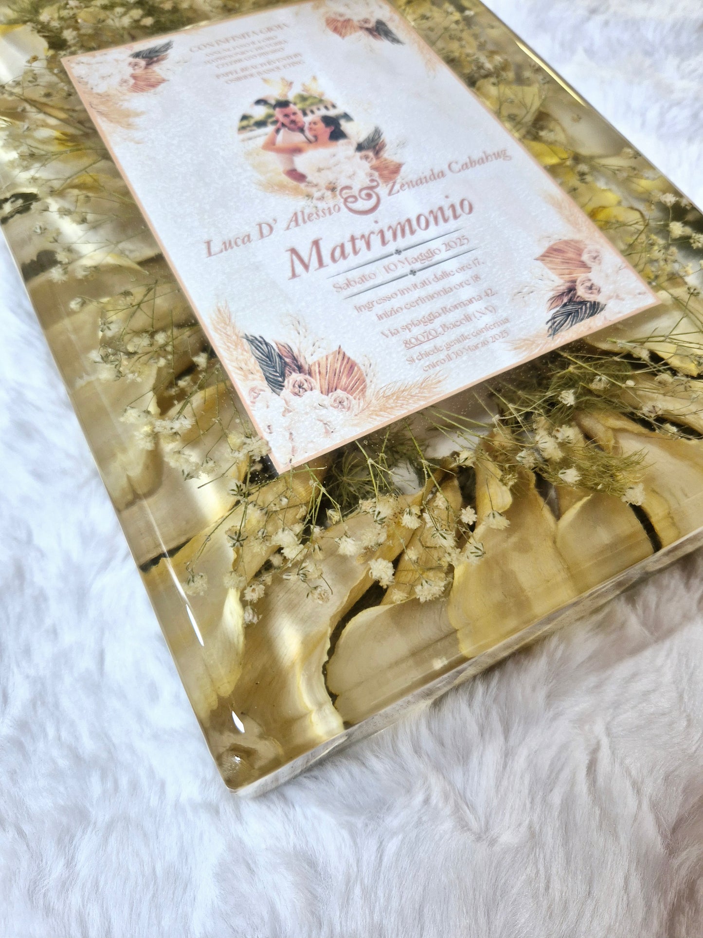 Conservazione bouquet sposa in resina - rettangolo con partecipazione