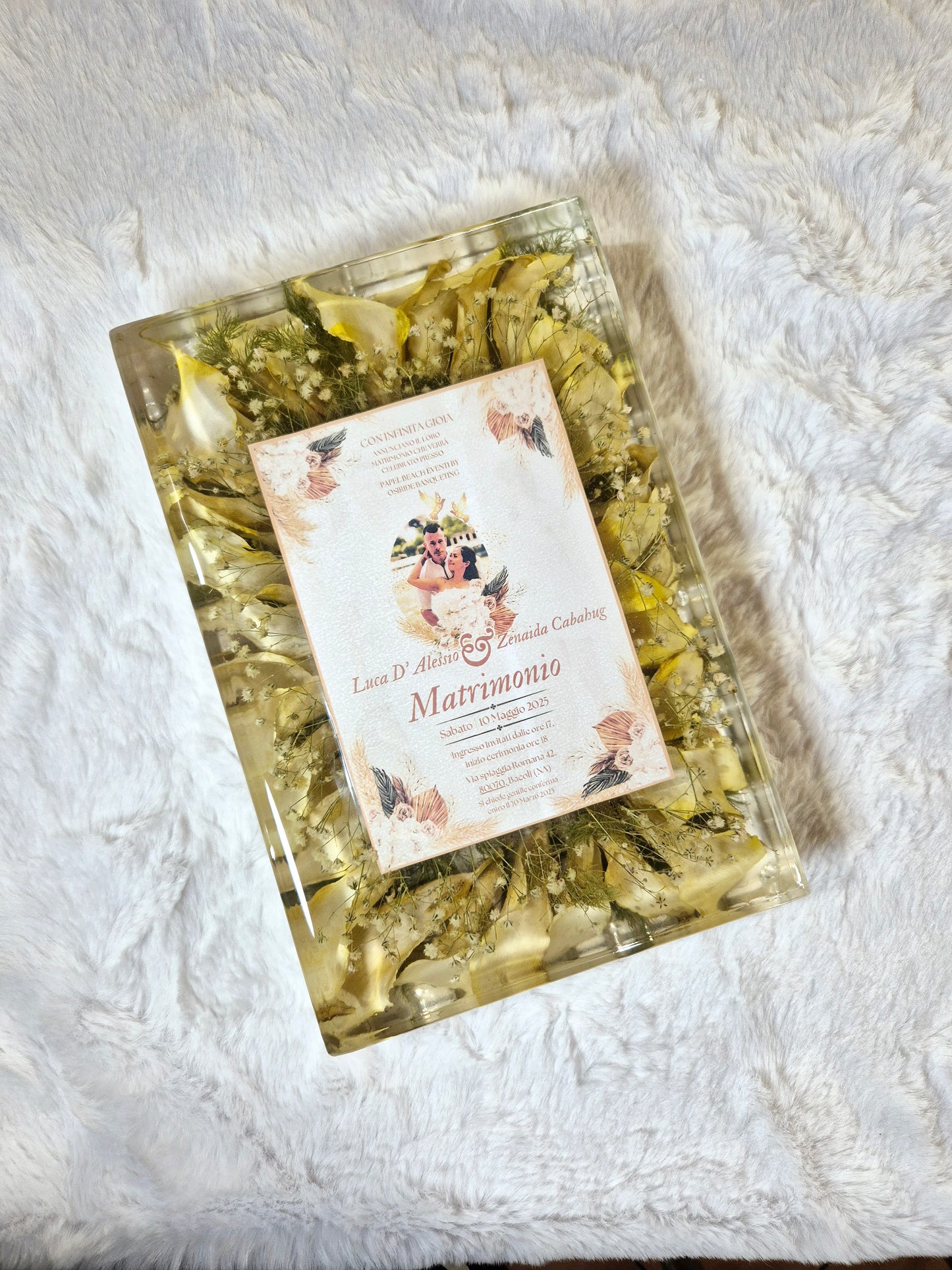 Conservazione bouquet sposa in resina - rettangolo con partecipazione