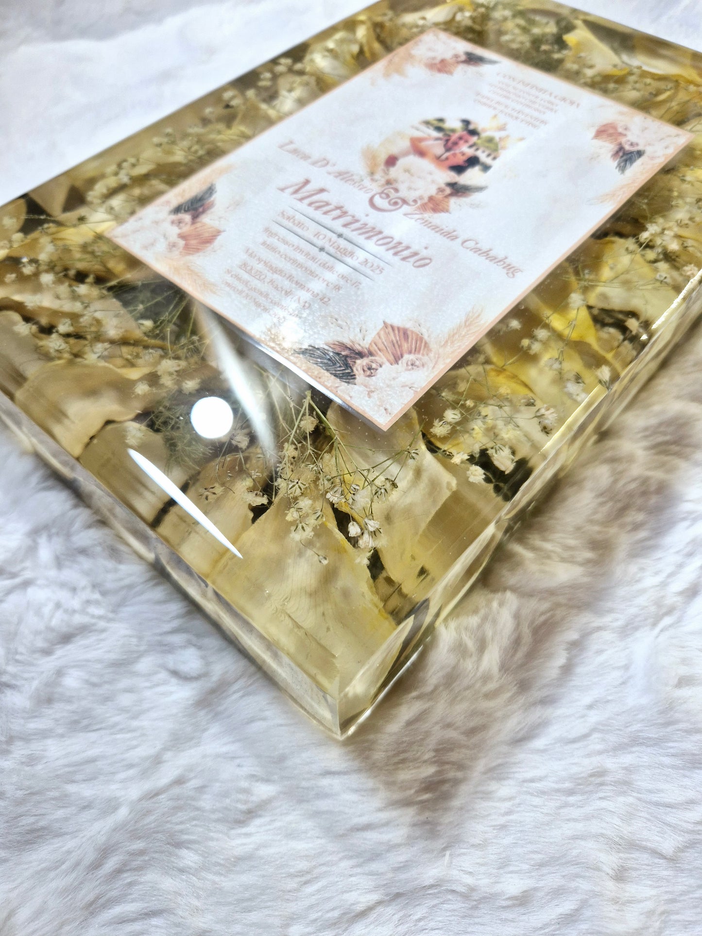 Conservazione bouquet sposa in resina - rettangolo con partecipazione